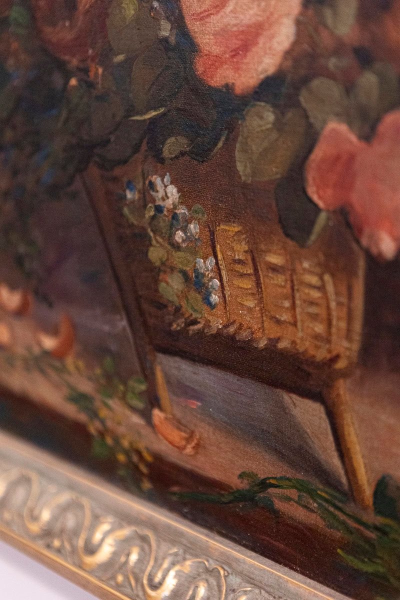 40% OFF at Checkout . French 19th Century Oil on Canvas Still-Life Painting Depicting Roses in Basket - JAA