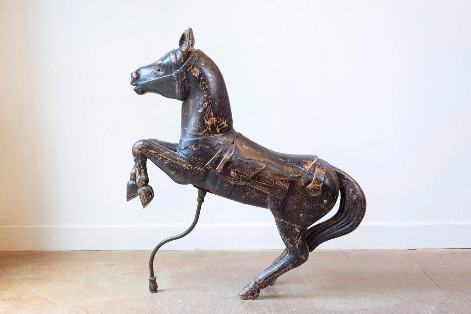 French Late 19th Century Carved Carousel Prancing Horse Sculpture with Patina - JAA