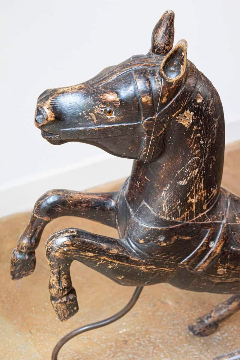 French Late 19th Century Carved Carousel Prancing Horse Sculpture with Patina - JAA