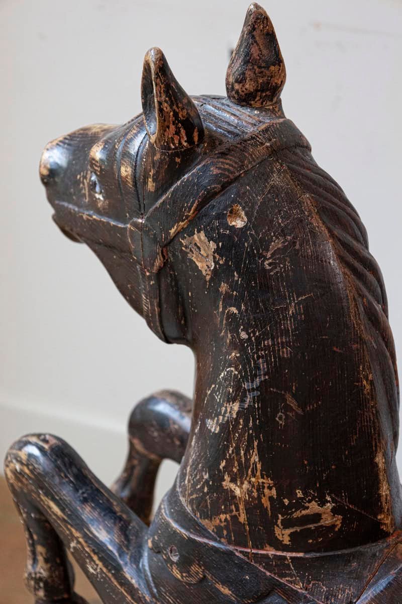 French Late 19th Century Carved Carousel Prancing Horse Sculpture with Patina - JAA