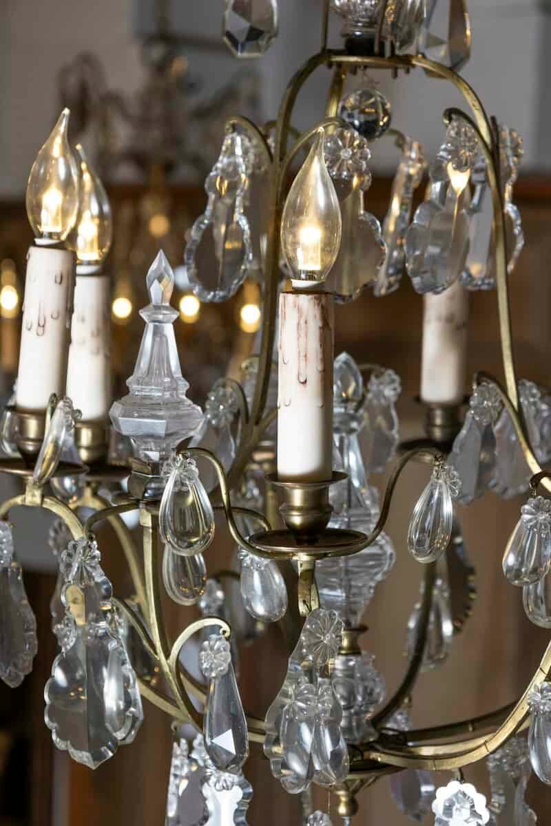 French 19th Century Six-Light Crystal Chandelier with Scrolled Brass Armature - JAA