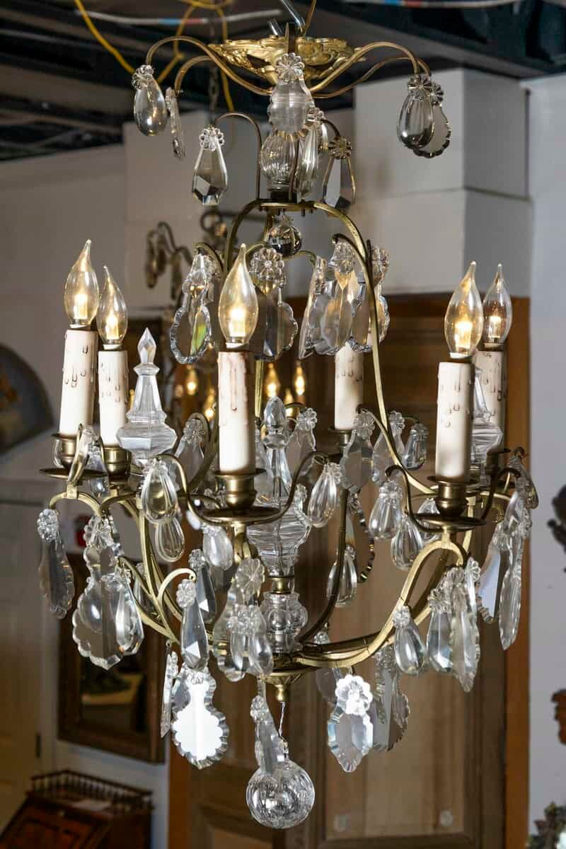 French 19th Century Six-Light Crystal Chandelier with Scrolled Brass Armature - JAA