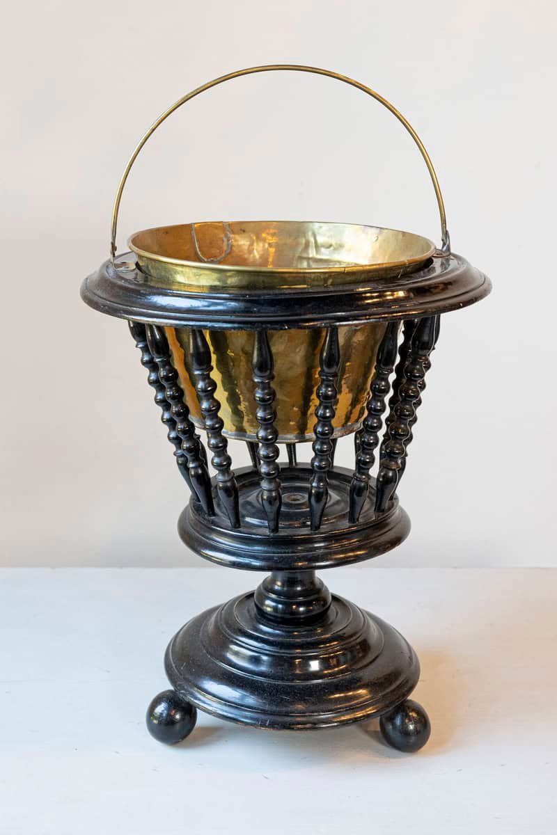 Dutch 1840s Ebonized Wood Jardinière with Brass Liner and Turned Spindles - JAA