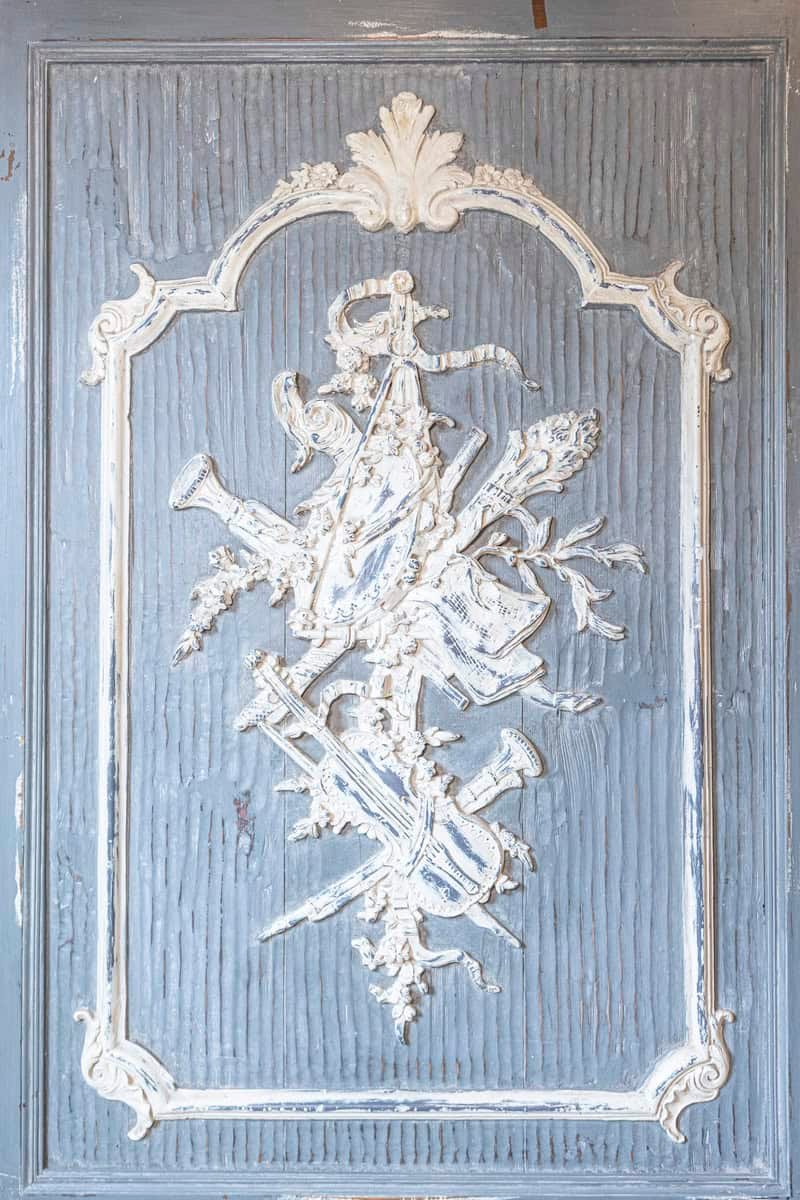 French 19th Century Carved and Painted Wooden Panel with Liberal Arts Allegory - JAA