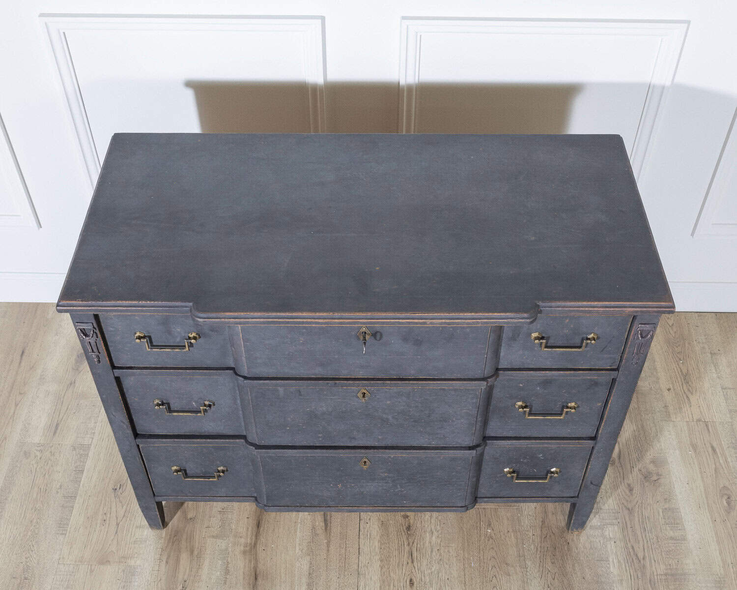 Gustavian Style Chest of Drawers in Black with Brass Hardware and Carved Details - JAA