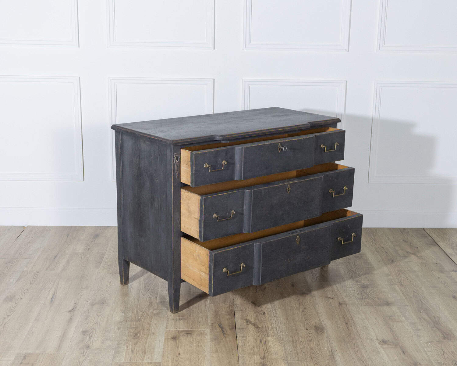 Gustavian Style Chest of Drawers in Black with Brass Hardware and Carved Details - JAA