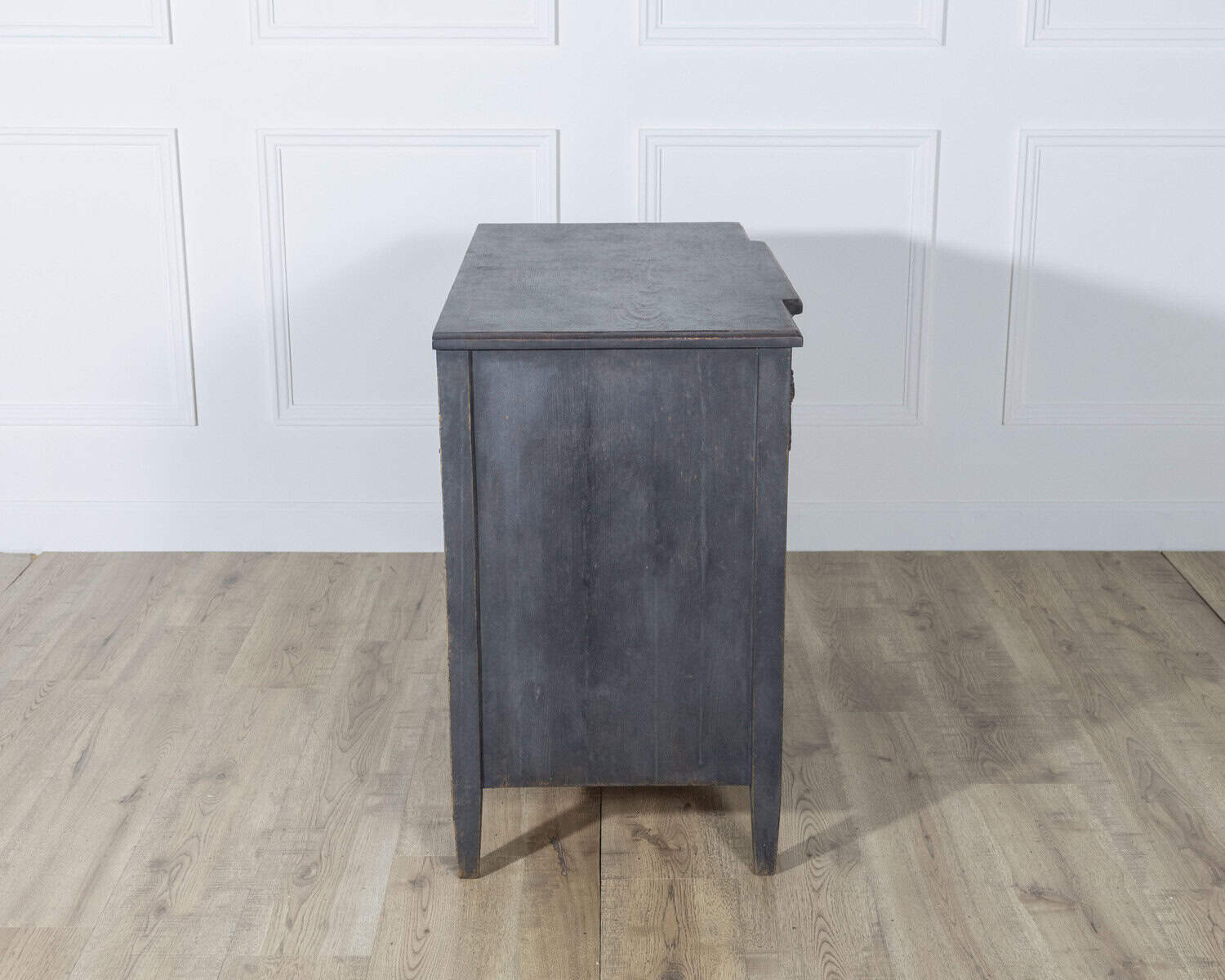 Gustavian Style Chest of Drawers in Black with Brass Hardware and Carved Details - JAA