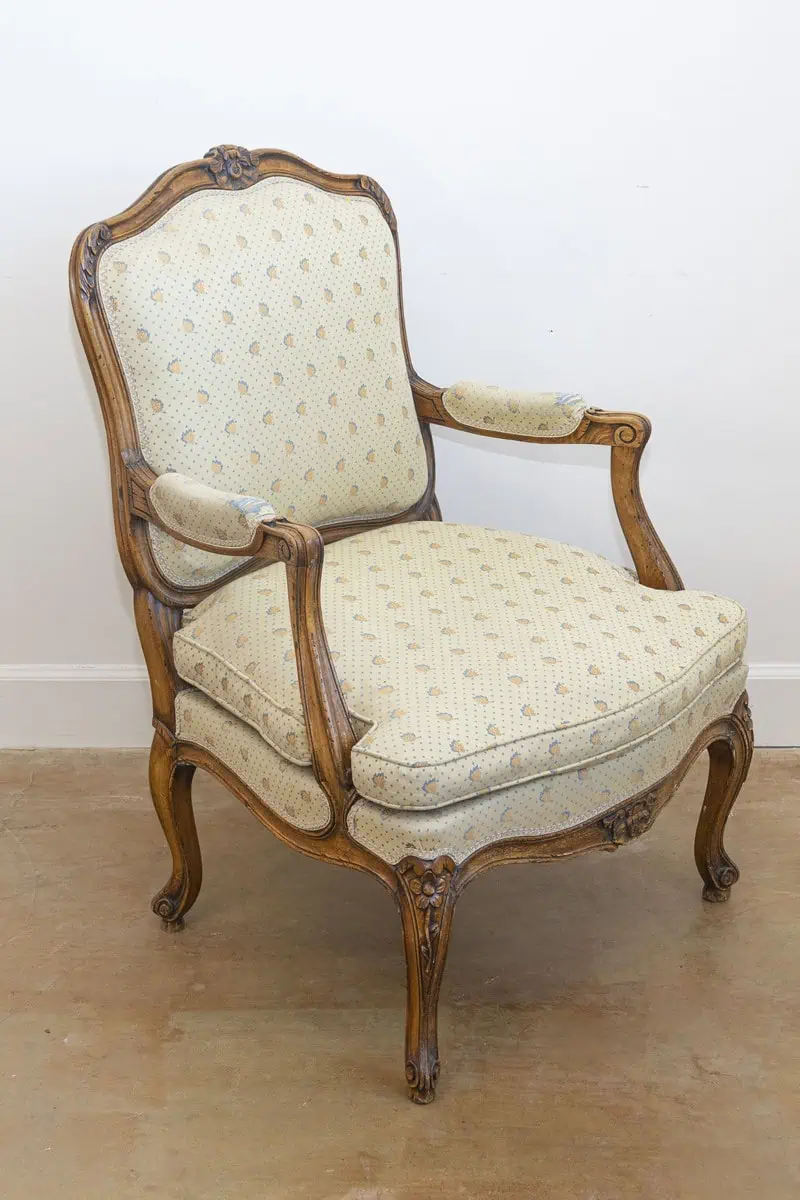 Louis XV Style French Walnut Fauteuils à la Reine with Carved Floral Motifs - JAA