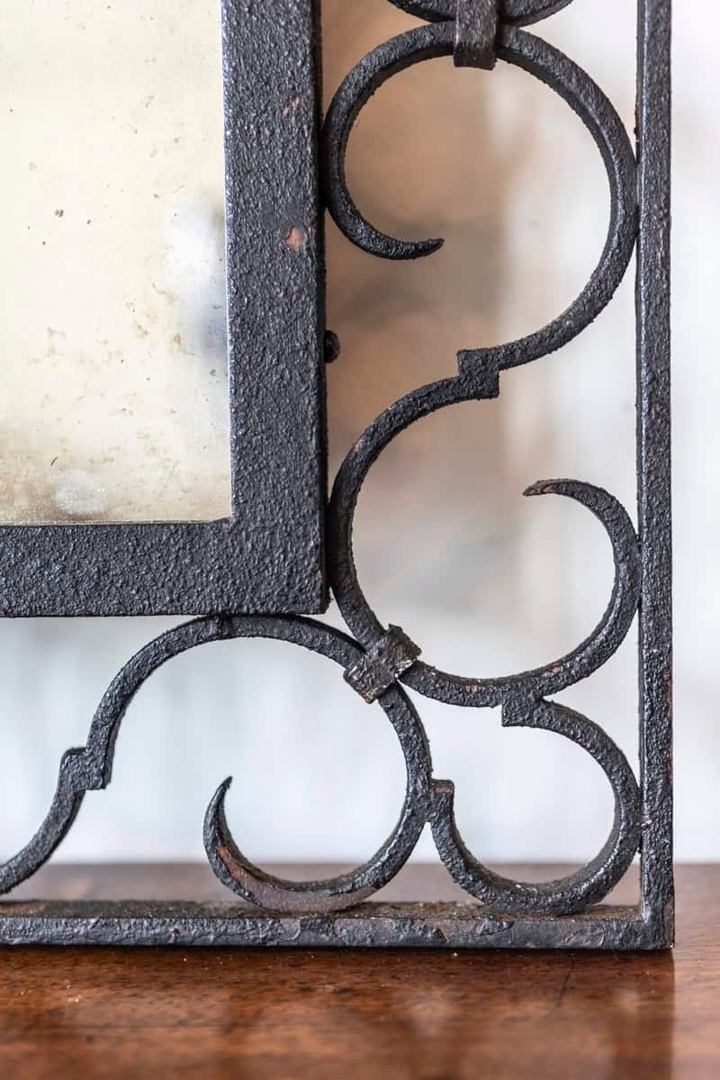 French Iron Arching Mirror with Openwork S-Scroll Motifs and Foliage Crest - JAA