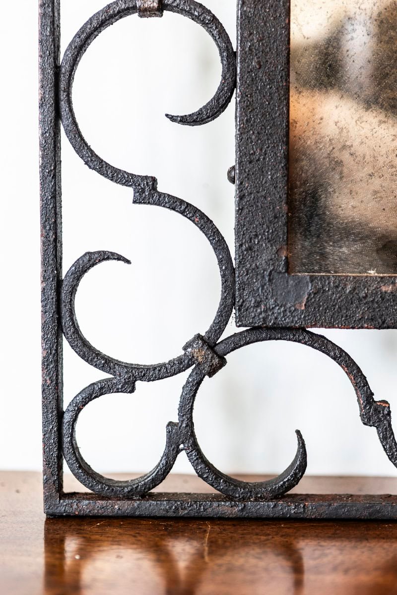 French Iron Arching Mirror with Openwork S-Scroll Motifs and Foliage Crest - JAA