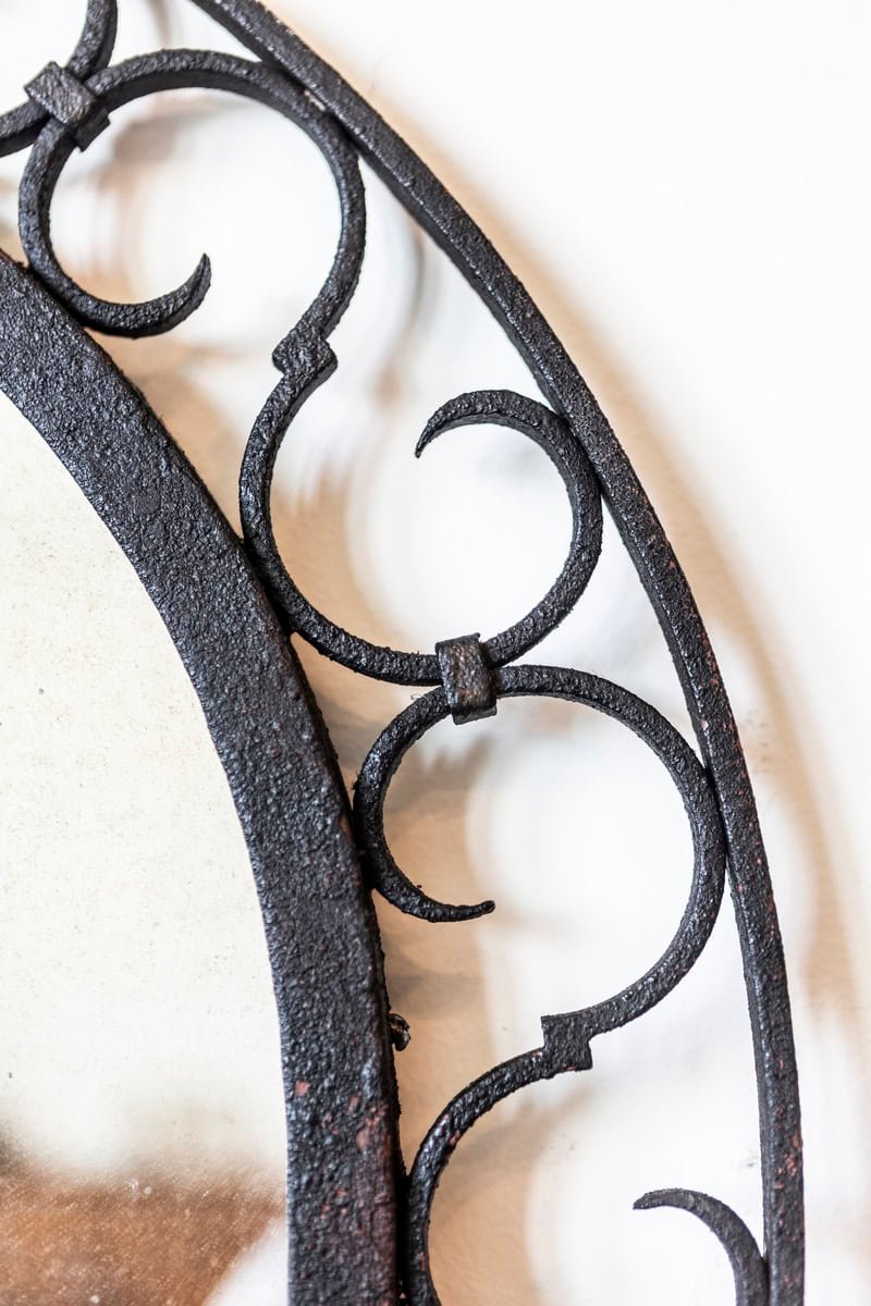 French Iron Arching Mirror with Openwork S-Scroll Motifs and Foliage Crest - JAA