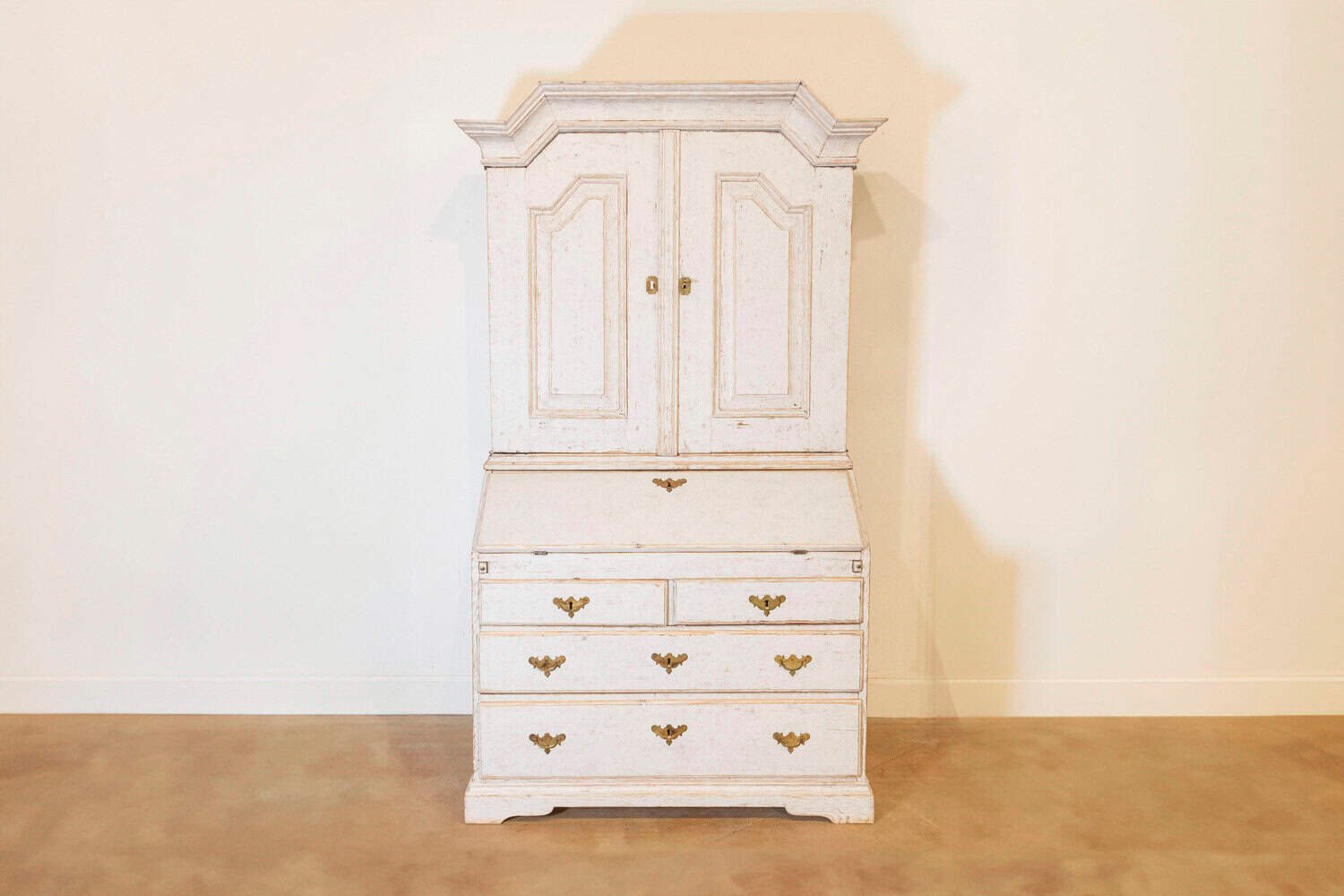 Swedish 1770s Baroque Light Gray Painted Secretary with Slant Front Desk - JAA