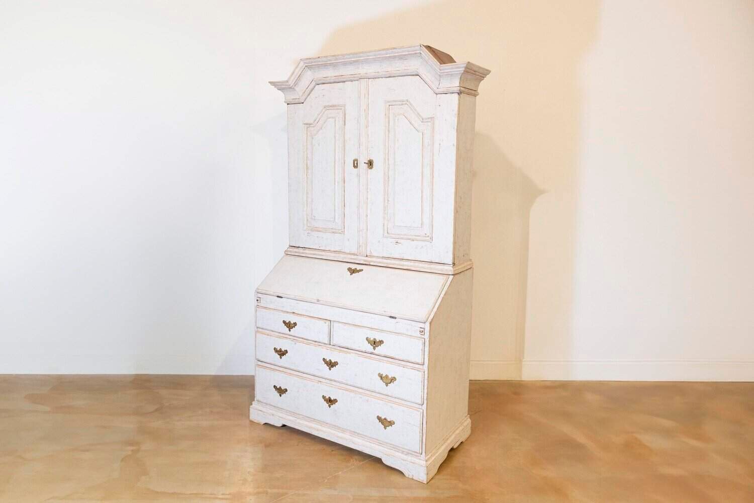 Swedish 1770s Baroque Light Gray Painted Secretary with Slant Front Desk - JAA