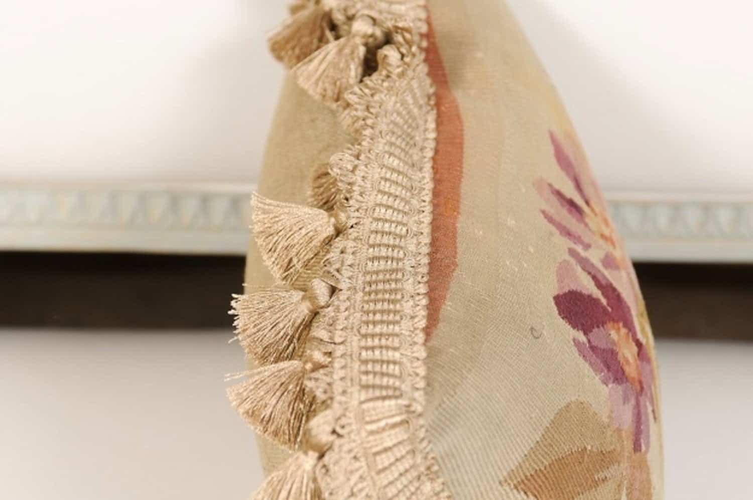 French Aubusson Tapestry 19th Century Pillow with Purple Floral Décor, Tassels - JAA