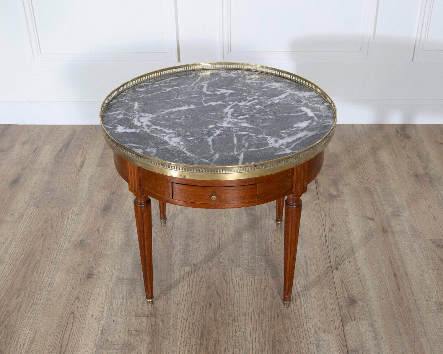 French Louis XVI-Style Mahogany Bouillotte Table with Marble Top, Early 20th Century - JAA