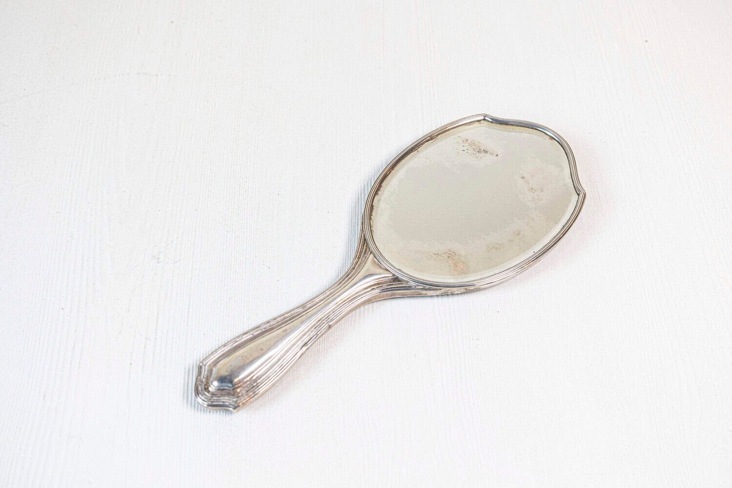 English 20th Century Silver Dressing Table Hand Mirror with Silver Piqué Swag Decor - JAA