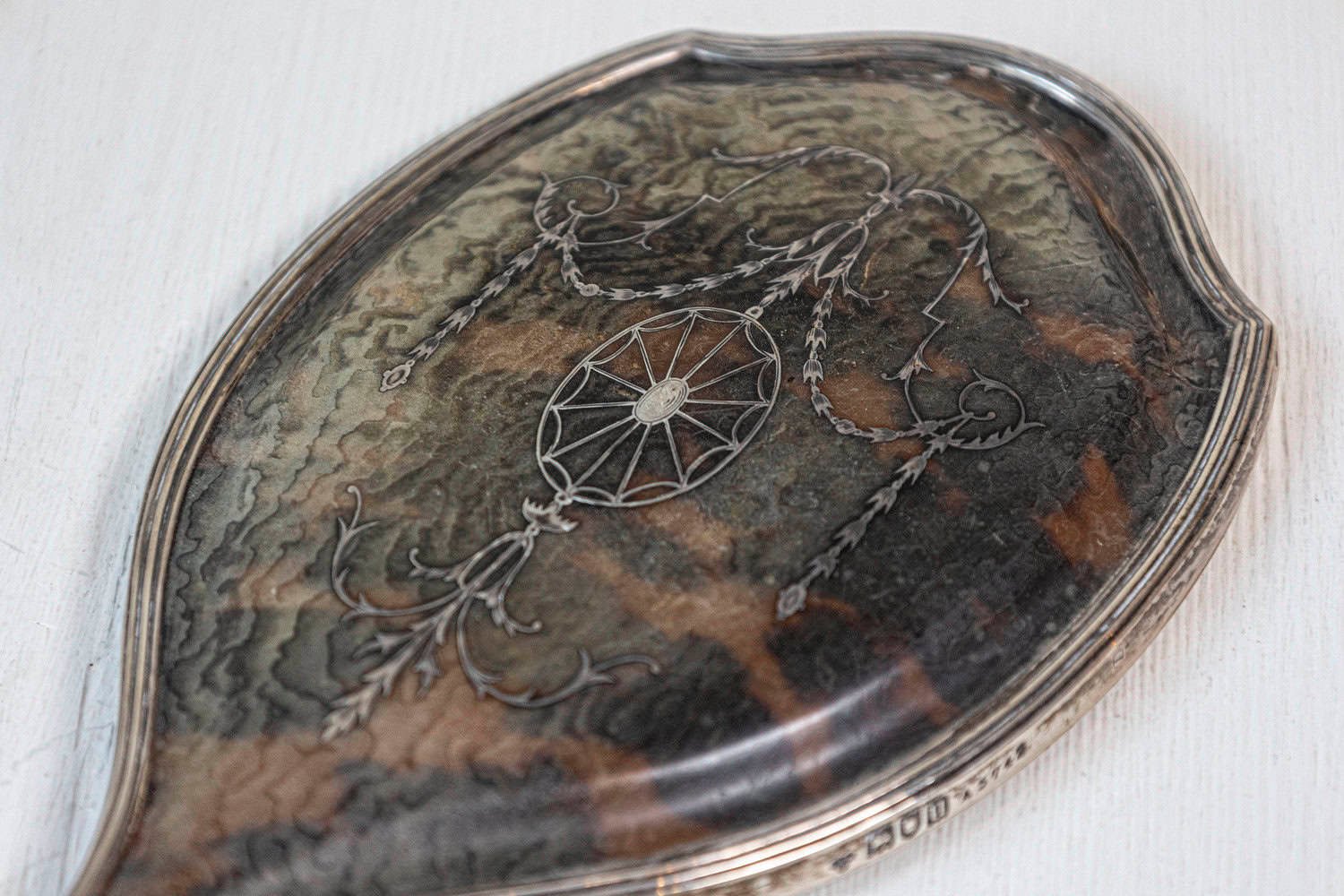 English 20th Century Silver Dressing Table Hand Mirror with Silver Piqué Swag Decor - JAA