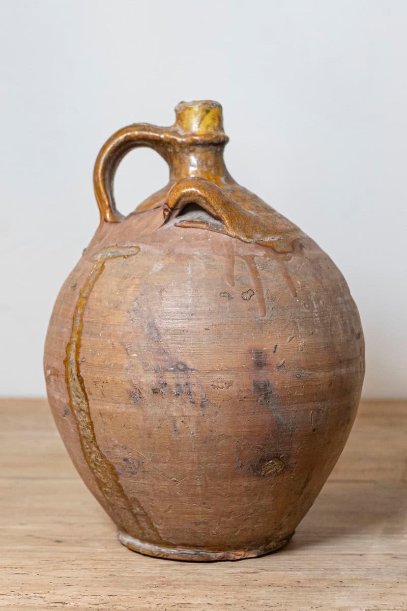 Rustic French 19th Century Pottery Jug with Yellow Glaze and Three Handles - JAA