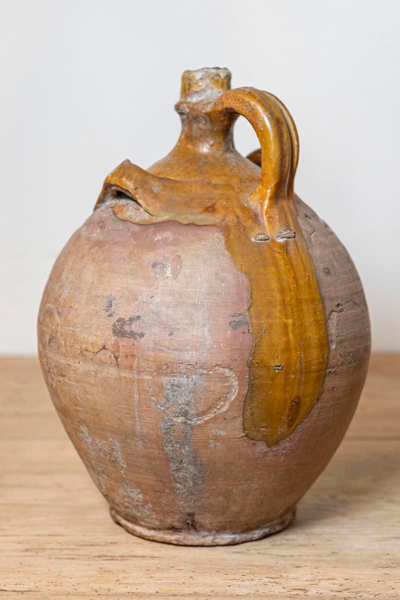 Rustic French 19th Century Pottery Jug with Yellow Glaze and Three Handles - JAA