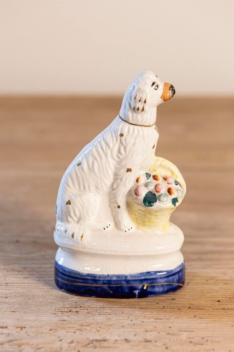 Petite English Michael Davis Porcelain Dog with Fruit Basket and Blue Oval Base - JAA