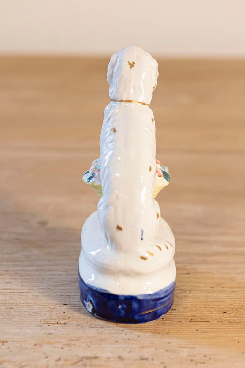 Petite English Michael Davis Porcelain Dog with Fruit Basket and Blue Oval Base - JAA