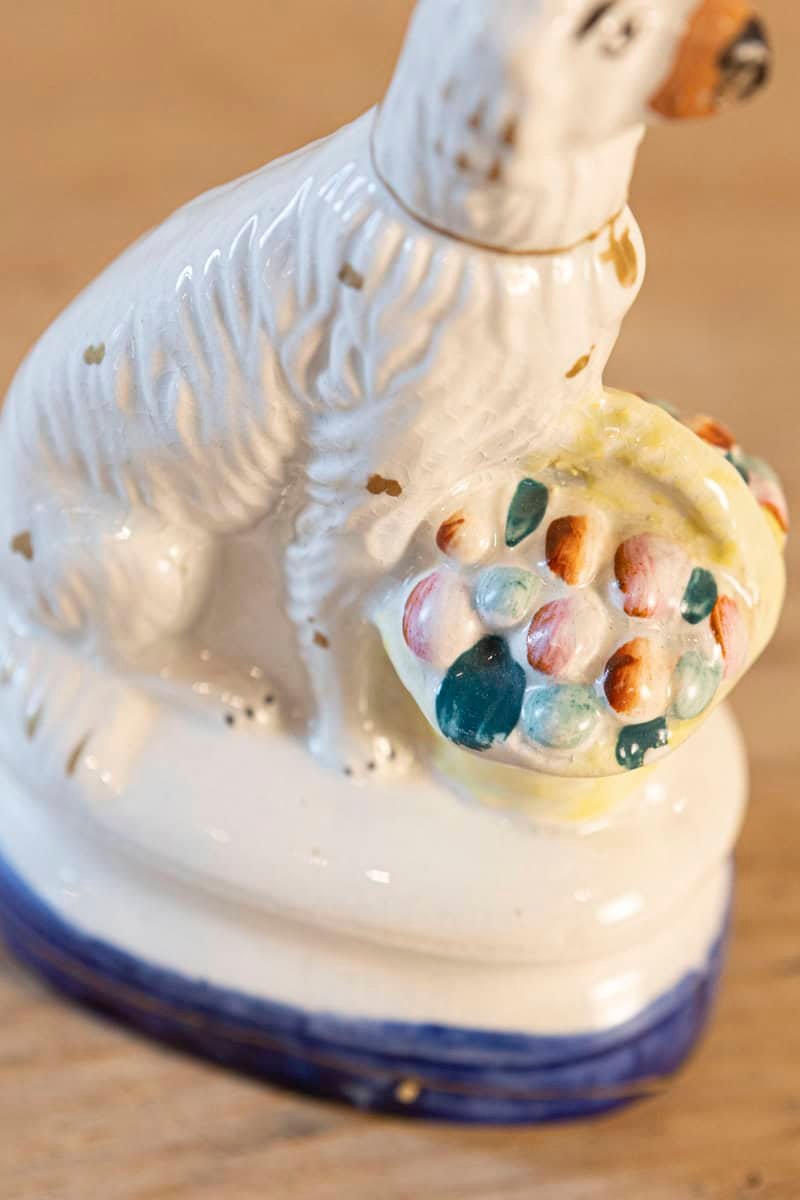 Petite English Michael Davis Porcelain Dog with Fruit Basket and Blue Oval Base - JAA