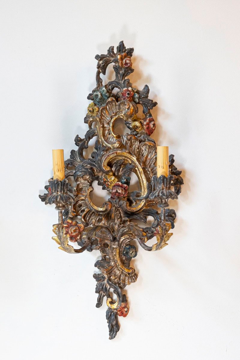 Pair of Italian Rococo Style Late 19th Century Carved and Painted Sconces - JAA