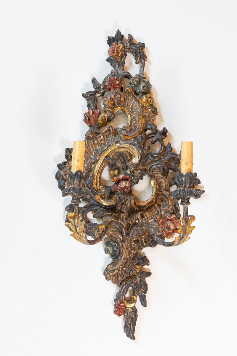 Pair of Italian Rococo Style Late 19th Century Carved and Painted Sconces - JAA