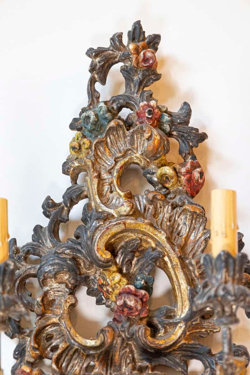 Pair of Italian Rococo Style Late 19th Century Carved and Painted Sconces - JAA