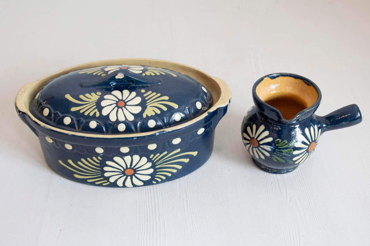 19th Century French Pottery Set with Blue Glaze & White Flowers - JAA