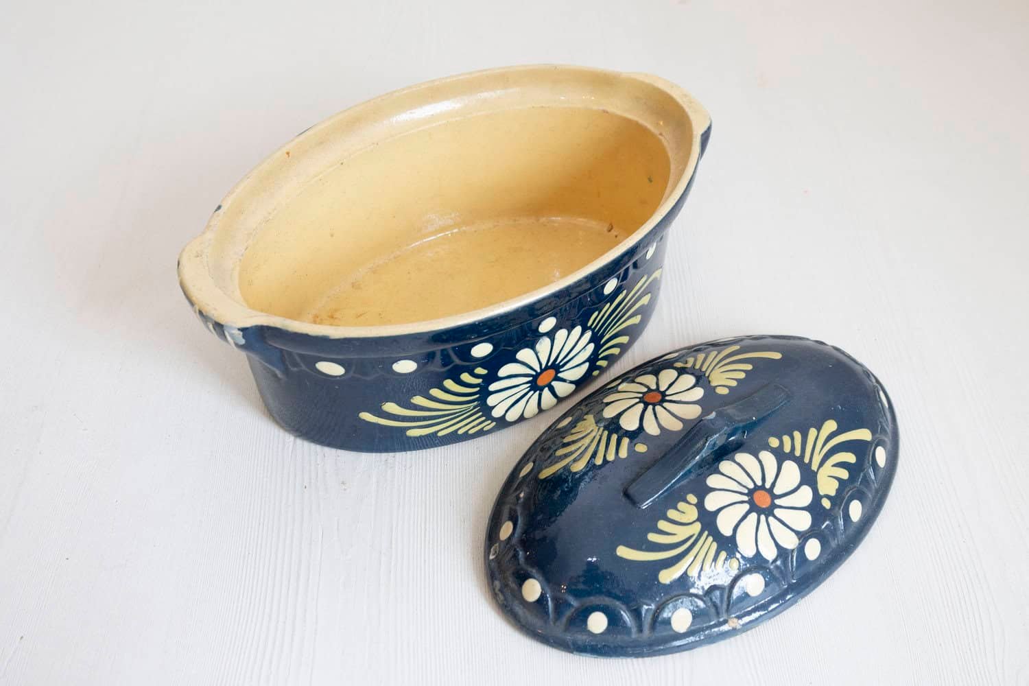 19th Century French Pottery Set with Blue Glaze & White Flowers - JAA