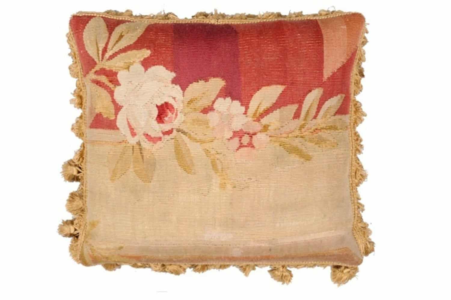 19th Century French Aubusson Tapestry Pillow with Roses and Tassels - JAA
