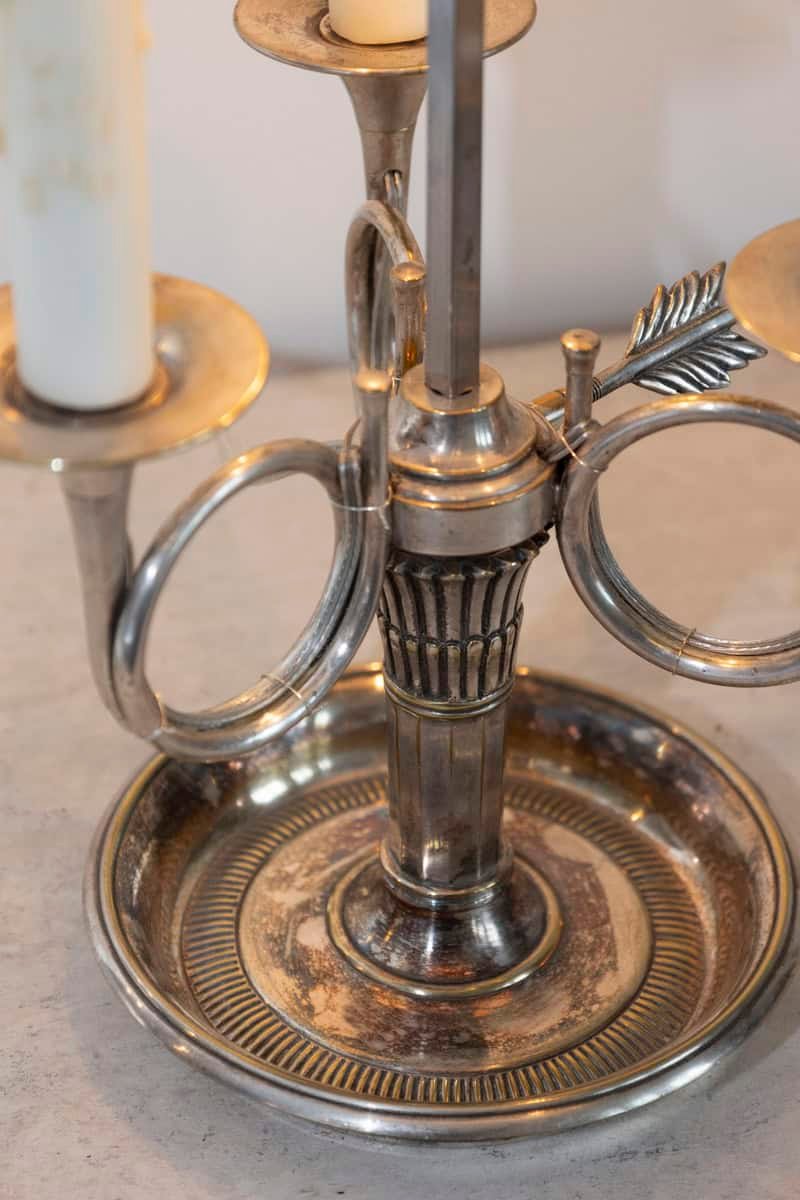 French, 1900s, Silvered Bronze Bouillotte Table Lamp with Horns and Green Shade - JAA