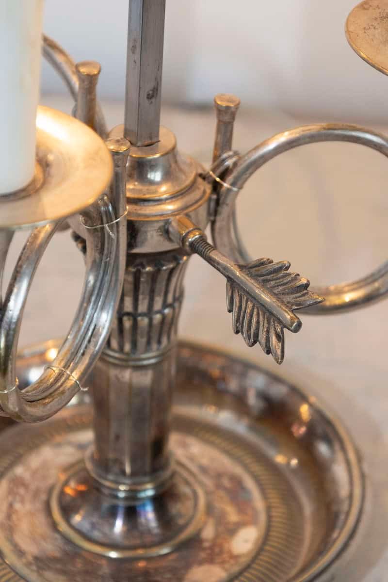 French, 1900s, Silvered Bronze Bouillotte Table Lamp with Horns and Green Shade - JAA