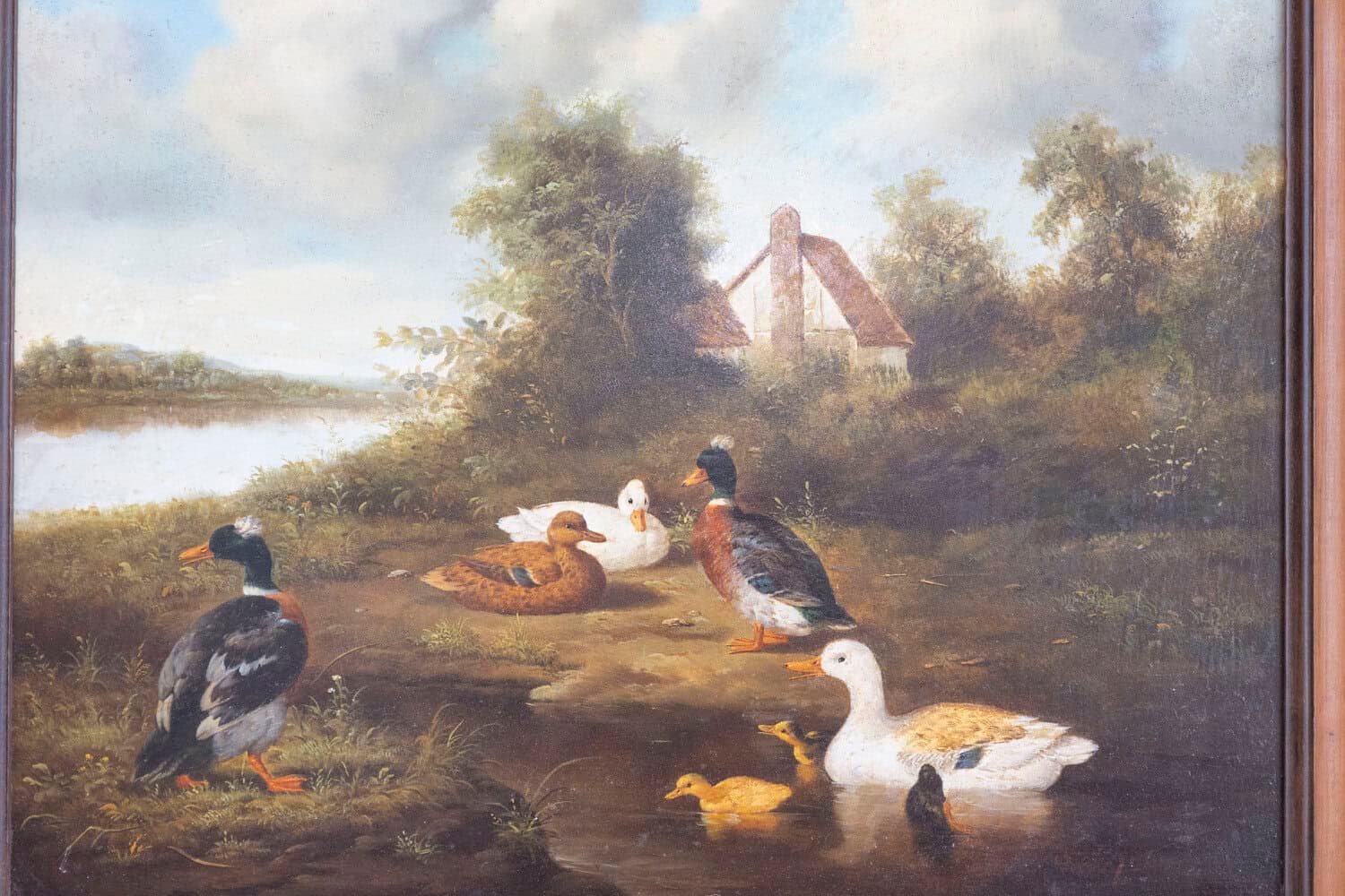 French 1850s Oil on Panel Baryard Painting with Ducks and Vibrant Colors - JAA