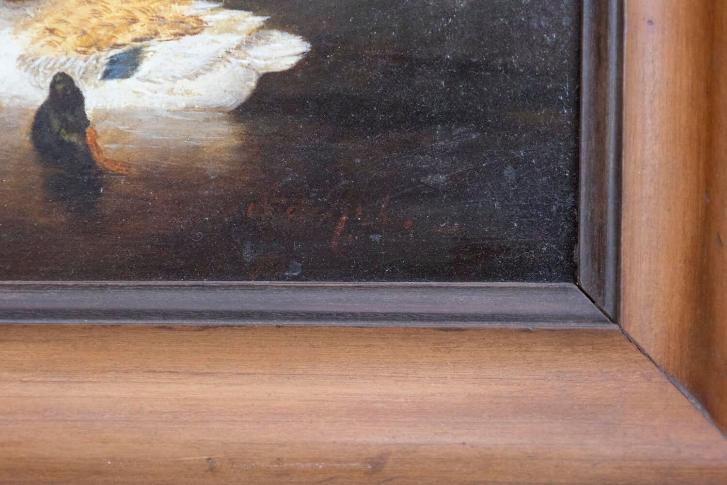 French 1850s Oil on Panel Baryard Painting with Ducks and Vibrant Colors - JAA