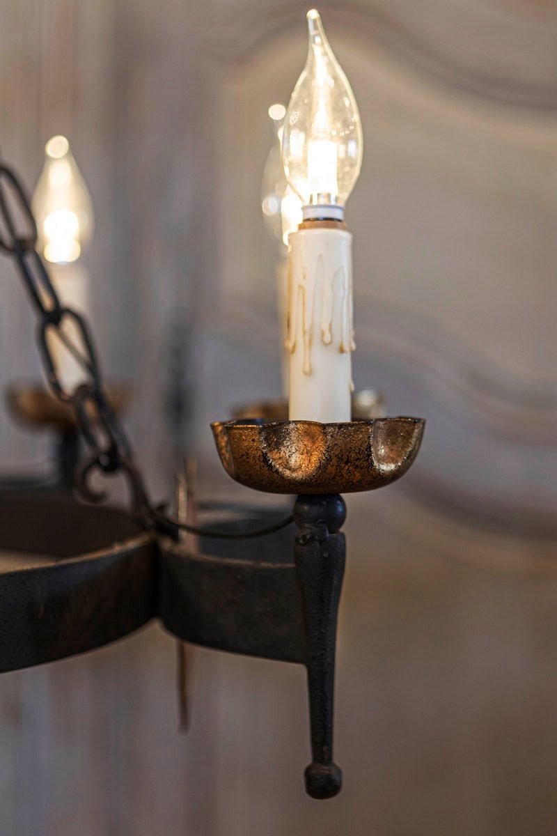 French Gothic Style Eight-Light Iron Chandelier with Hand-Painted Crests, Wired - JAA