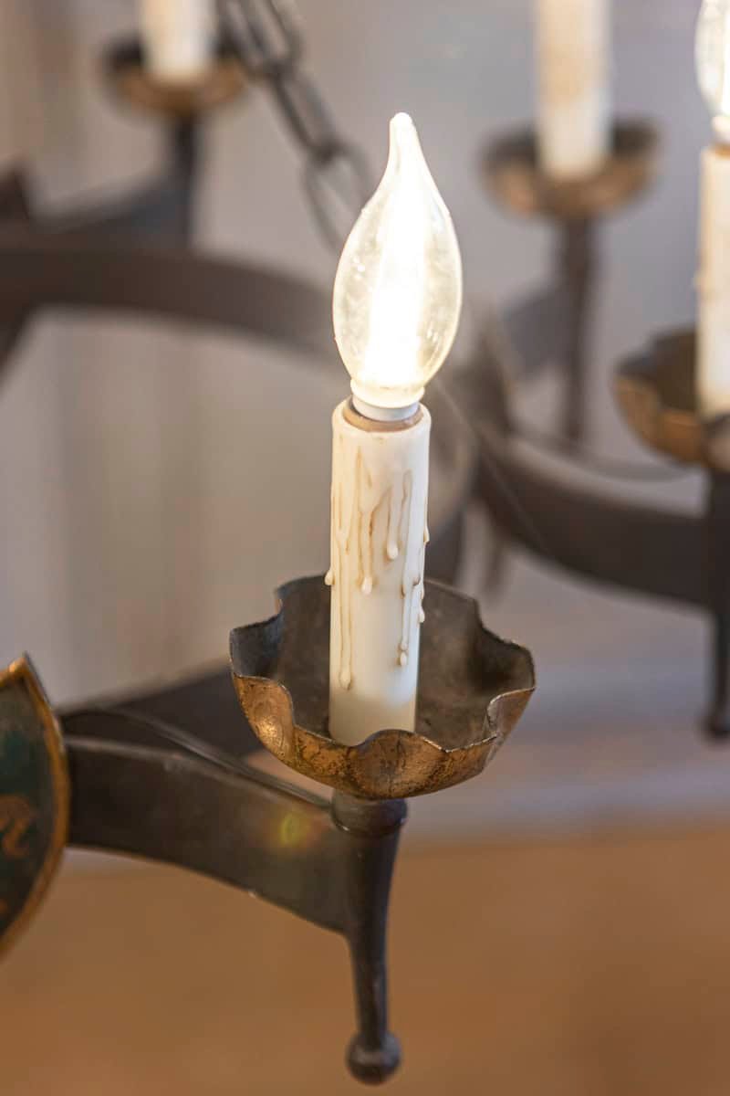 French Gothic Style Eight-Light Iron Chandelier with Hand-Painted Crests, Wired - JAA