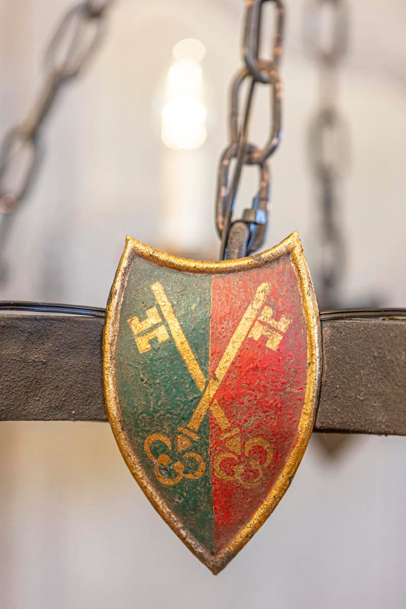 French Gothic Style Eight-Light Iron Chandelier with Hand-Painted Crests, Wired - JAA