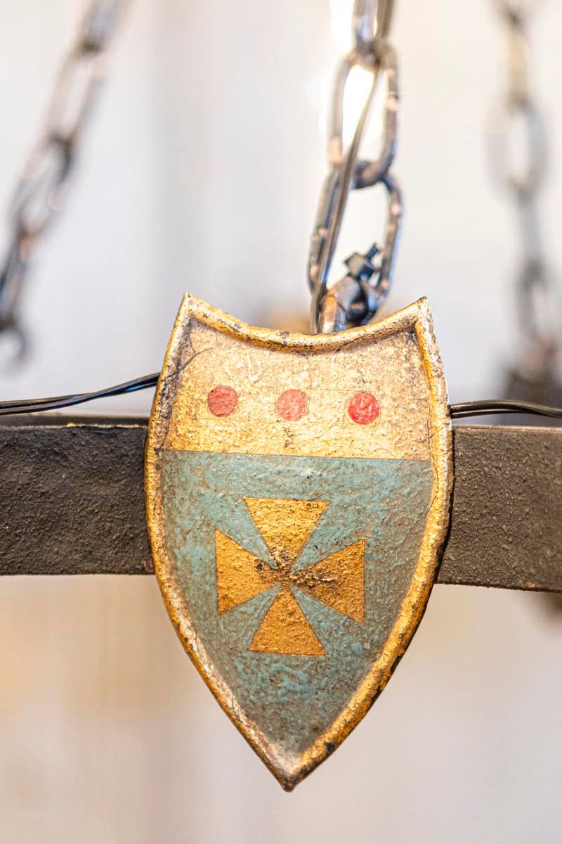 French Gothic Style Eight-Light Iron Chandelier with Hand-Painted Crests, Wired - JAA