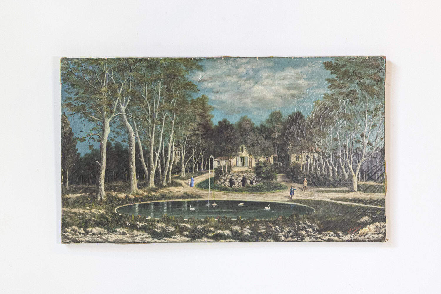 French 19th Century Oil on Canvas Hamlet Painting with Circular Fountain - JAA