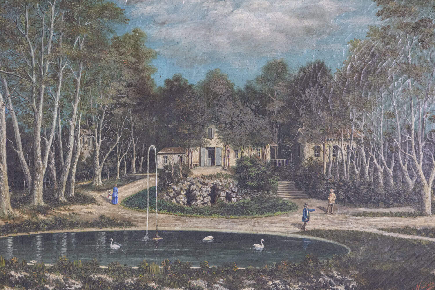 French 19th Century Oil on Canvas Hamlet Painting with Circular Fountain - JAA