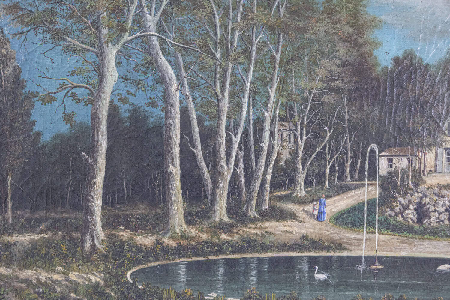 French 19th Century Oil on Canvas Hamlet Painting with Circular Fountain - JAA