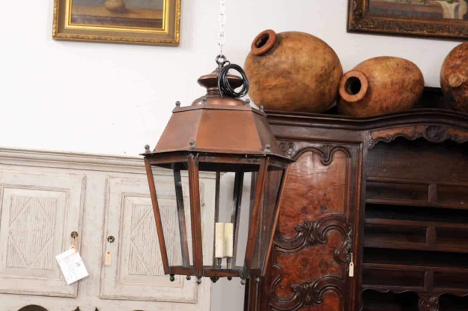 Pair of French Copper Three-Light Hexagonal Lanterns with Glass Panels, US Wired - JAA