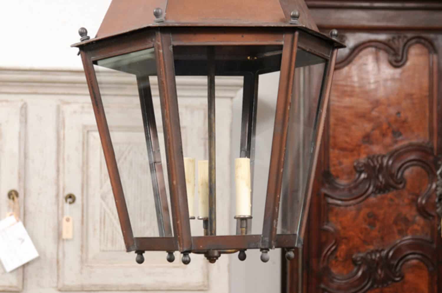 Pair of French Copper Three-Light Hexagonal Lanterns with Glass Panels, US Wired - JAA