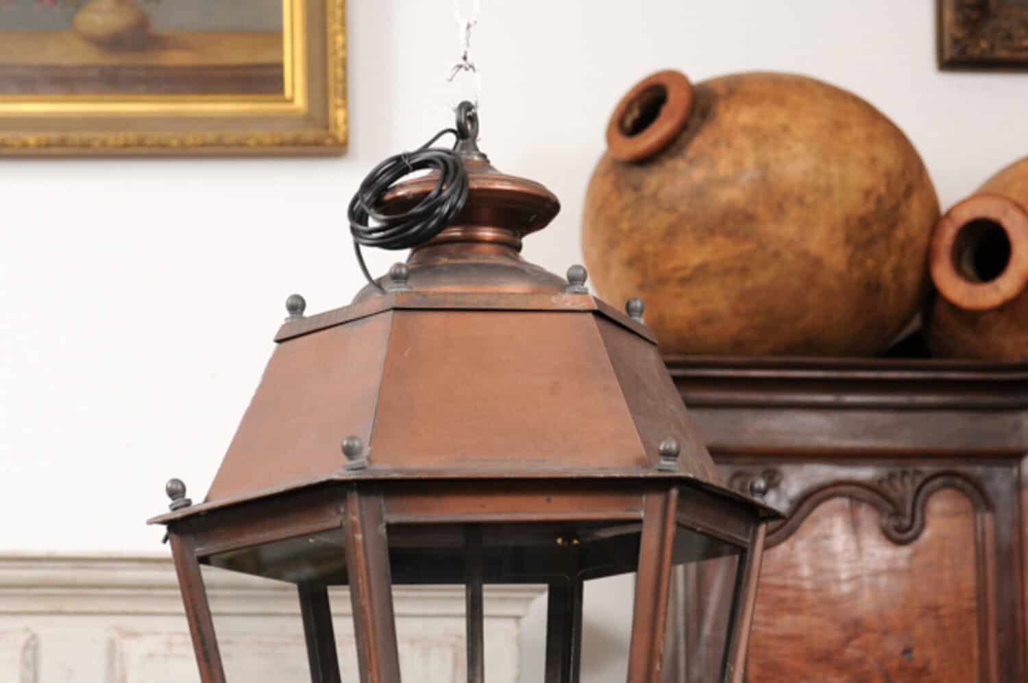 Pair of French Copper Three-Light Hexagonal Lanterns with Glass Panels, US Wired - JAA