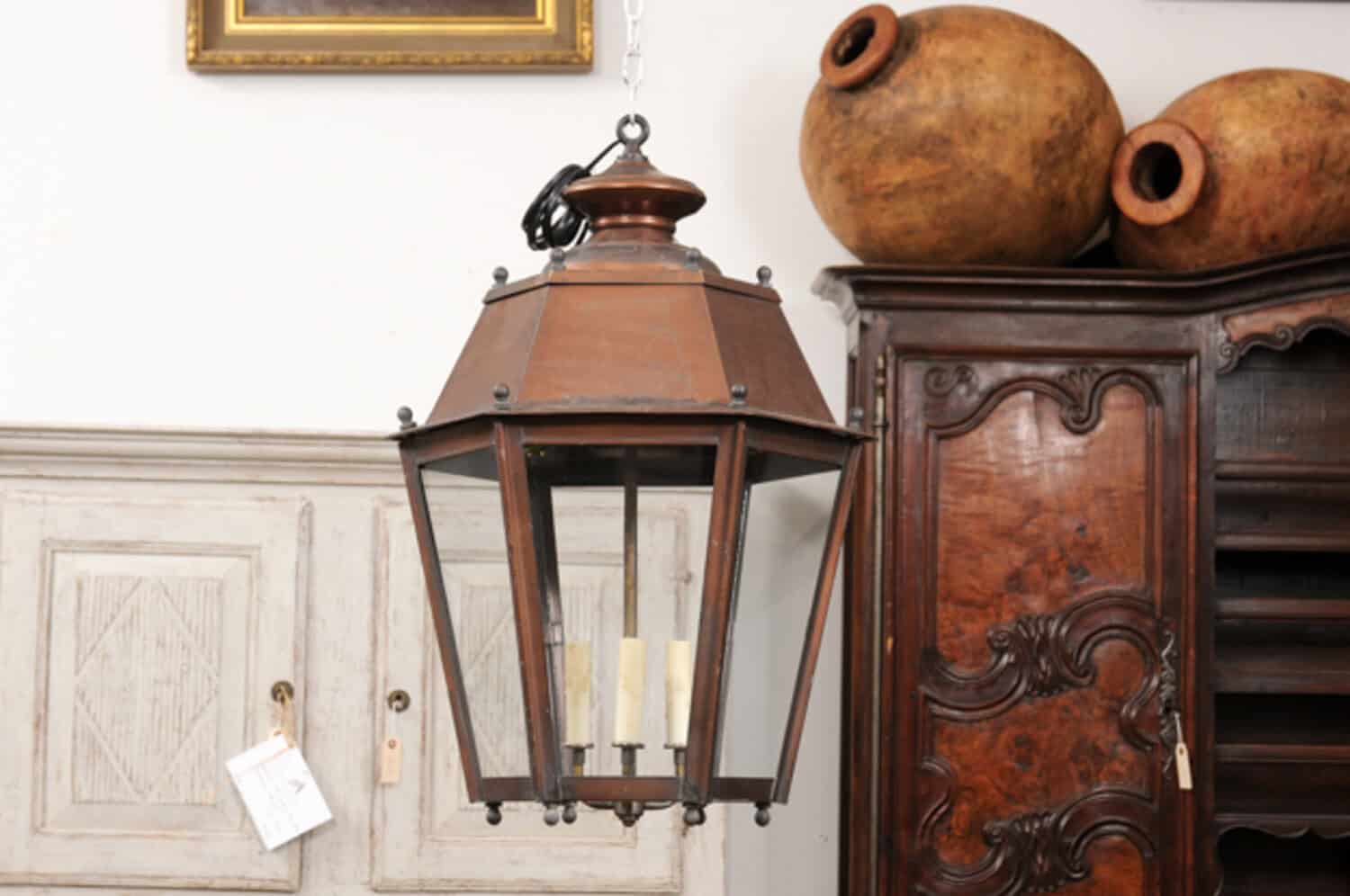 Pair of French Copper Three-Light Hexagonal Lanterns with Glass Panels, US Wired - JAA