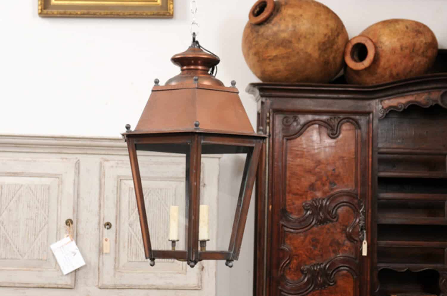 Pair of French Copper Three-Light Hexagonal Lanterns with Glass Panels, US Wired - JAA