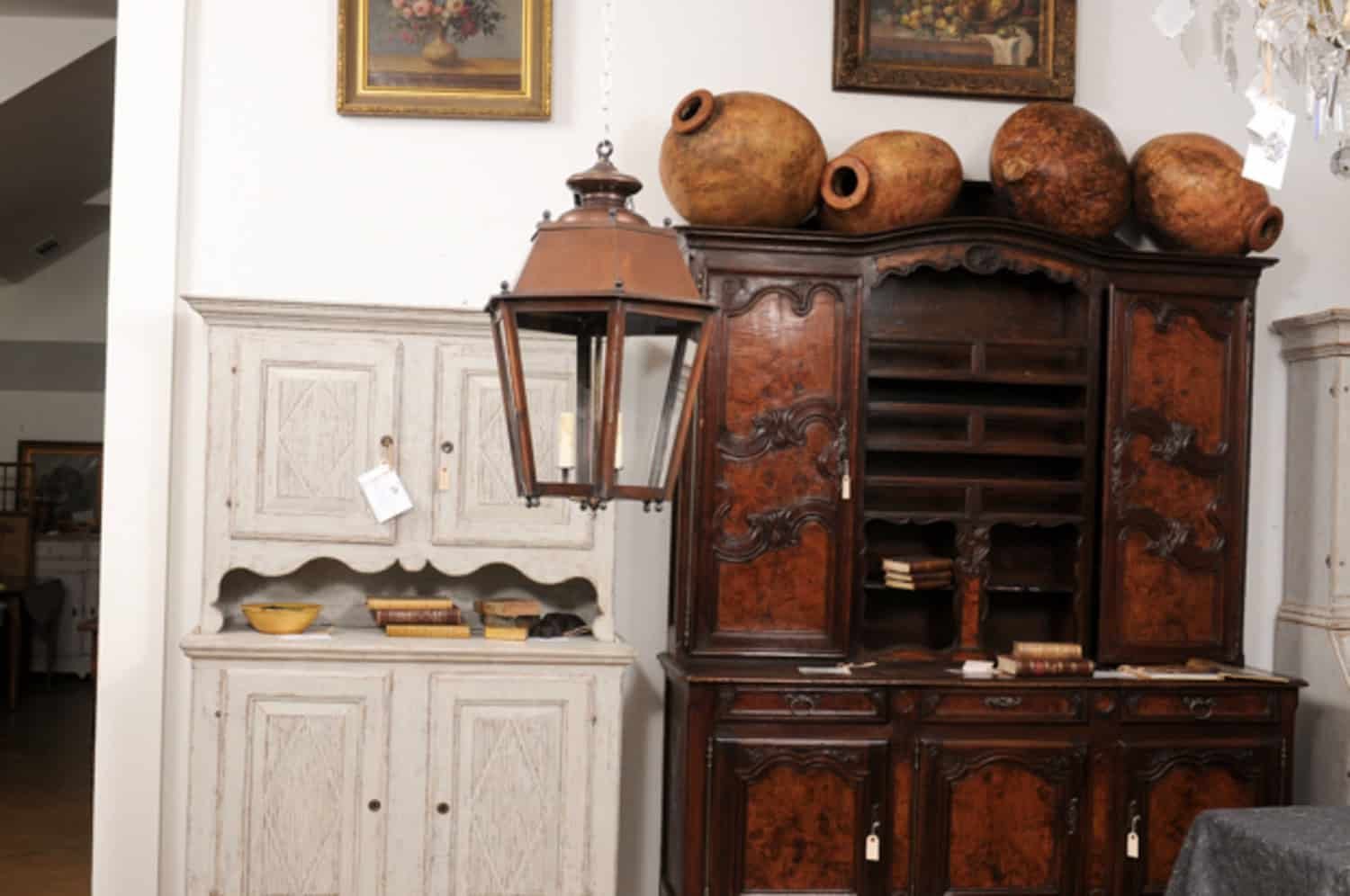 Pair of French Copper Three-Light Hexagonal Lanterns with Glass Panels, US Wired - JAA