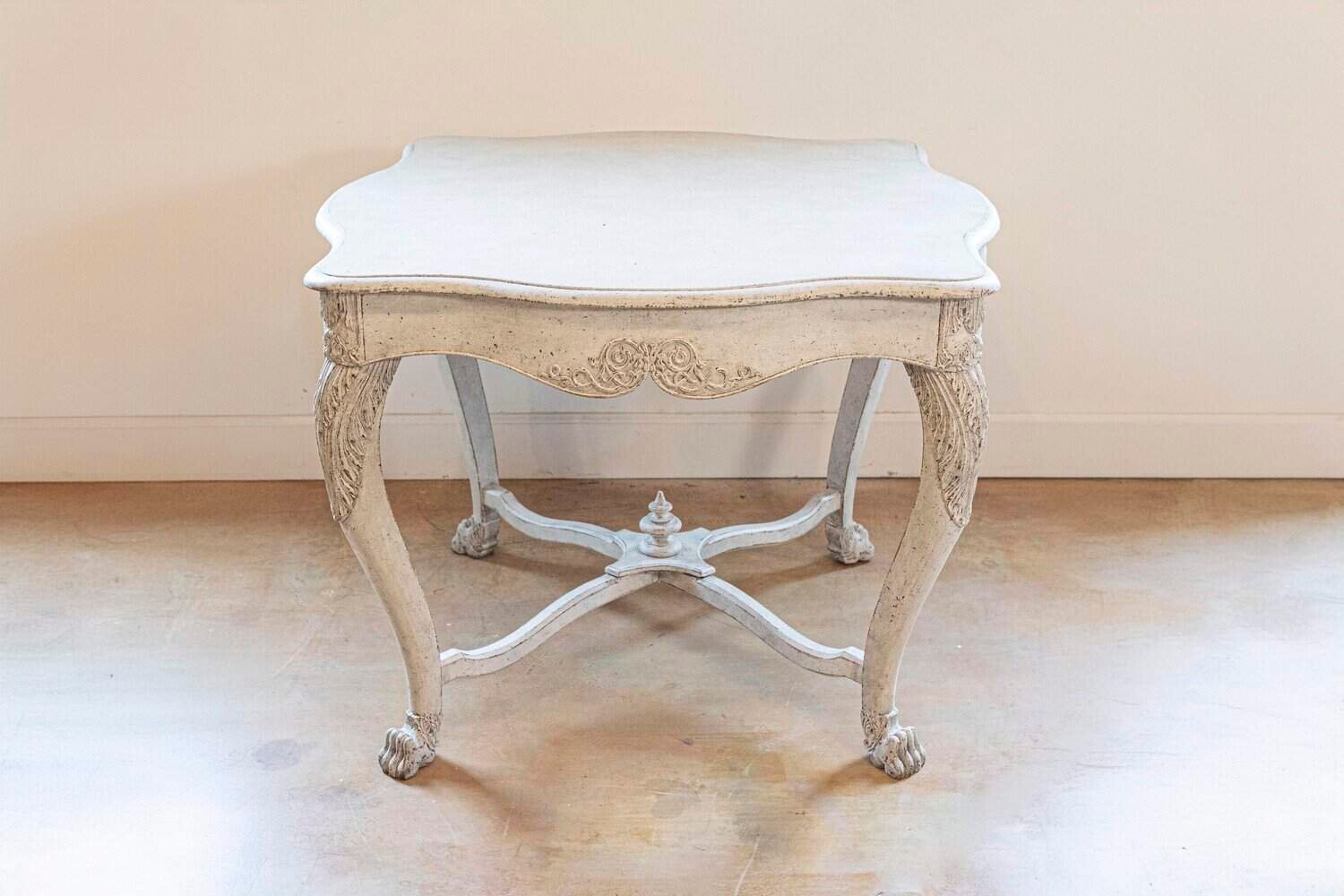 Swedish 1850s Painted Center Table with Carved Volutes and Cross Stretcher - JAA